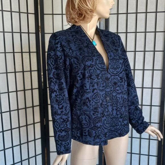 Christopher & Banks Velvet Paisley Blazer 1X Royal Blue/Black One-Button Jacket - Picture 3 of 8